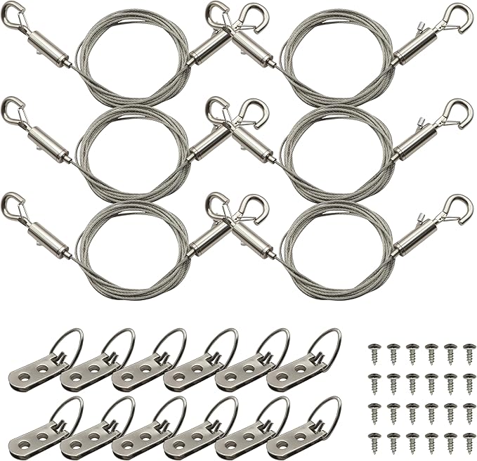 Picture Frame Security Hanging Kit – 6 Pack X 2M Steel Safety Cables with 12 Double-Hole D-Ring Hangers, Heavy-Duty Anti-Drop Wire System for Photos, Posters, Artwork & Gallery Displays