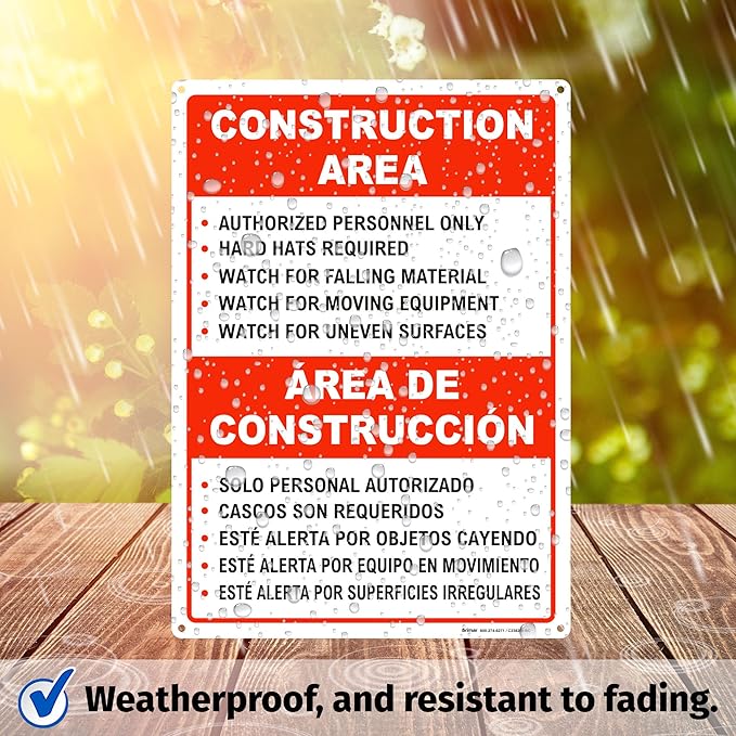 Brimar - 10" x 14" - Bilingual Construction Area Rules Sign - .055″ Polyethylene Plastic - Bilingual Design - Easy Installation