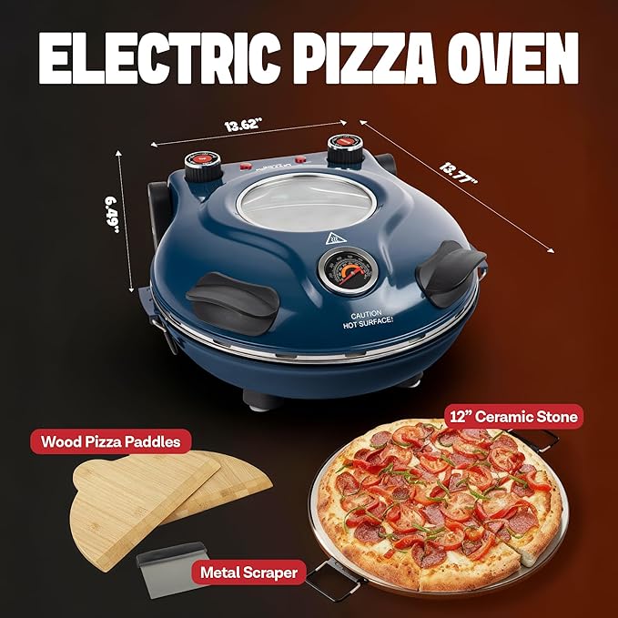 PIEZANO Crispy Crust Pizza Oven by Granitestone – Electric Pizza Oven Indoor Portable, 12 Inch Indoor Pizza Ovens Countertop, Pizza Maker Heats up to 800˚F for Stone Baked Pizza at Home - Navy