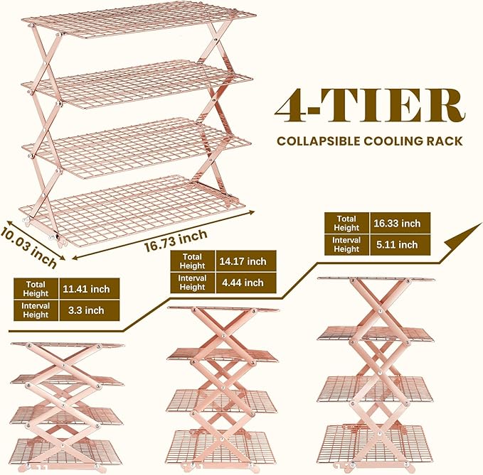 BEWOS 4 Tier Collapsible Cooling Rack - Adjustable Stainless Steel Baking Rack with Mesh Leak Proof，Foldable X-Shaped Structure Cooling Racks for Cooking and Baking, Dishwasher Safe（ Rose Gold）
