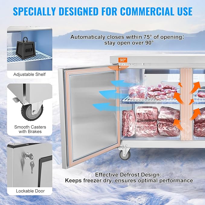 VEVOR 48" W Commercial Freezer Worktop, 12.9 Cu. Ft Undercounter Freezers with/Casters, <0~-8℉>Defrost Frozen Prep Table, 2 Doors Stainless Steel Food Frozen Prep Station for Restaurant, Diner, Bar