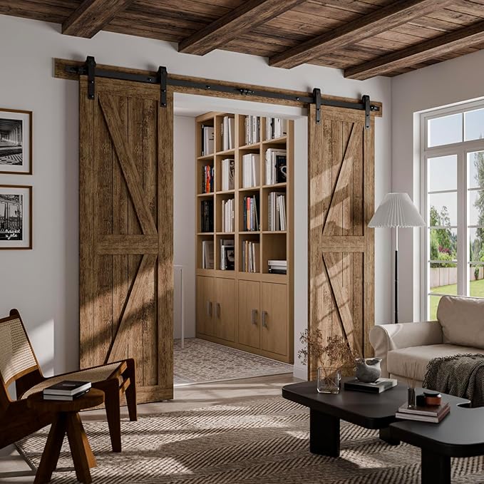 CCJH 10.5FT Sliding Barn Door Hardware Kit, Heavy Duty, Smoothly and Quietly, Easy to Install, Fit 31.5" Width Double Door Panel, Basic Style Hangers Black