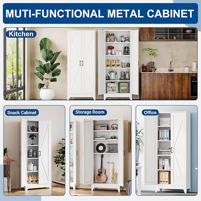 White Tall Farmhouse Metal Pantry Linen Storage Cabinet and Organizers - Cupboard 75" H x31.5 W x15.7 D Rustic Hutch Cabinet Bookcase with Doors and Adjustable Shelves for Home Office