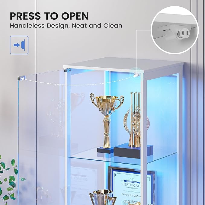 Glass Display Cabinet with Doors, 65" Tall 4-Tier Curio Display Case with 3 Color Lights and Human Body Sensor, Bookcase for Collectibles, White