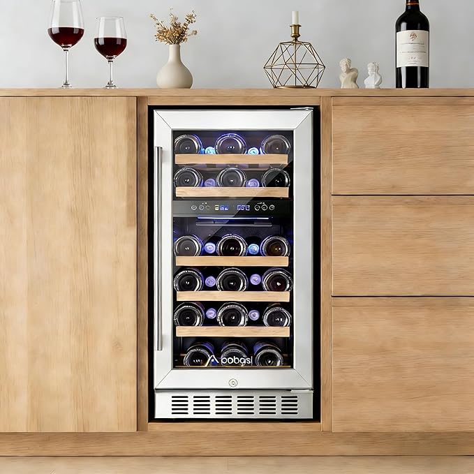 AAOBOSI 15 inch Dual Zone Wine Fridge, 28 Bottles Built-in or Freestanding Fridge,41-64°F Wine Cooler with Professional Compressor，Low Noise and No Fog