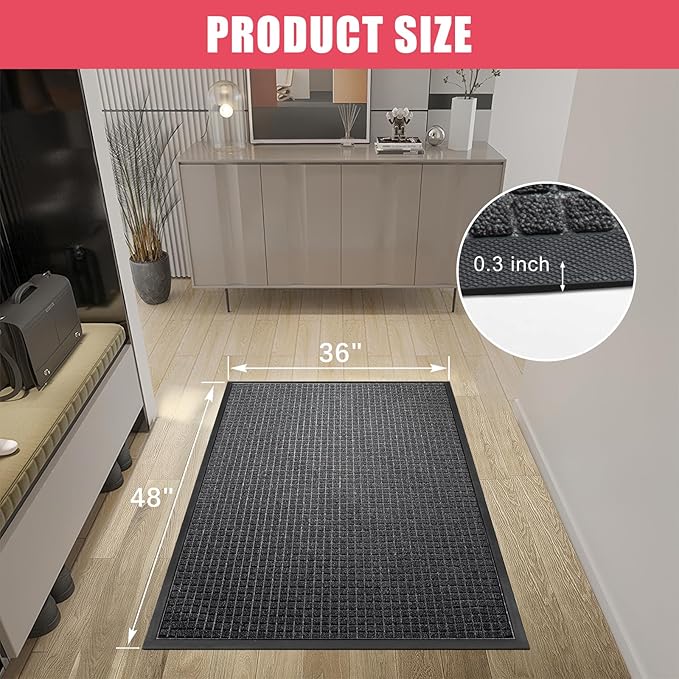 Kuyal Front Door Mat, 3'*4' Door Mat for Inside Outside Entrance,Waterproof Welcome Mats with Non-Slip Backing, Indoor Outdoor Entryway, Commercial Floor Mats, Durable & Easy to Clean, Dark Gray