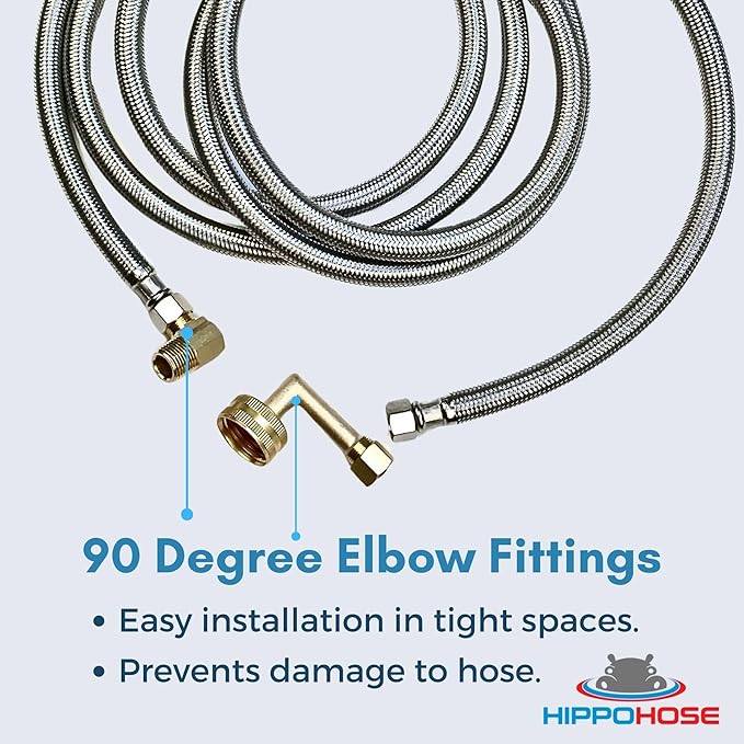 Hippohose 20 FT Stainless Steel Dishwasher Water Hose Kit - Universal Fit, Braided SS, 3/8'' Connections, 5-Year Warranty