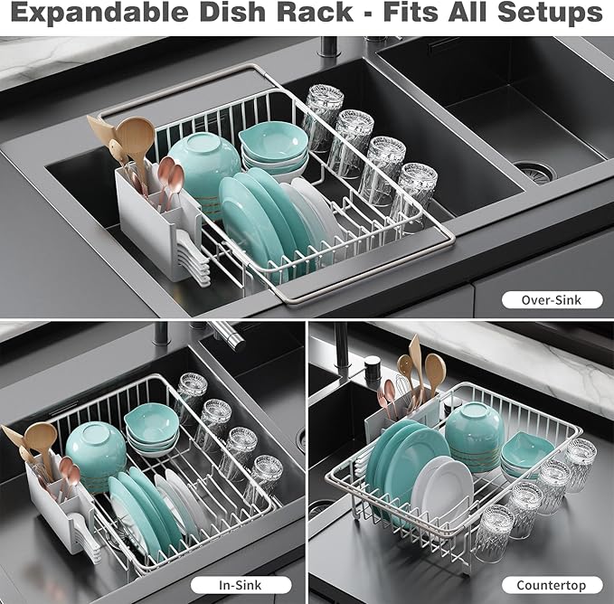 Dish Drying Rack in Sink: Expandable, 3-Slot Utensil Holder, Anti-Slip Handle. Small Dish Rack: Ideal for Small Households. Kitchen Drying Rack: White