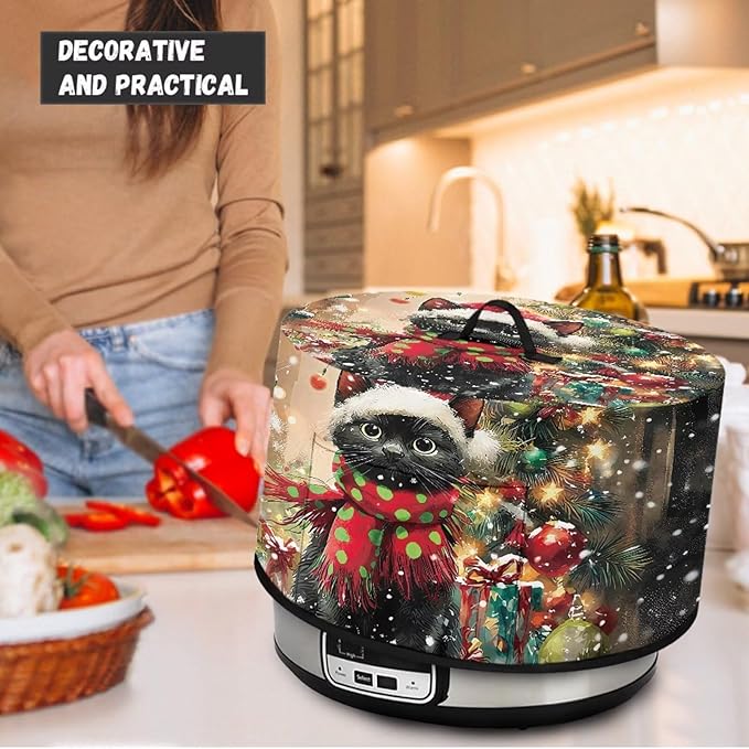 Black Cat Christmas Tree Print Slow Cooker Dust Cover with Top Handle Kitchen Gadgets Dust-Resistant Rice Cooker Cover Keep Kitchen Clean with Pocket for Accessories Christmas Decor