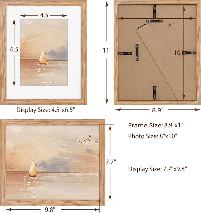 Natural Oak 8x10 Picture Frames Set of 3, Solid Oak Wood Frame, Matted to 5x7, Tempered Glass, Wall & Tabletop, 3 Pack
