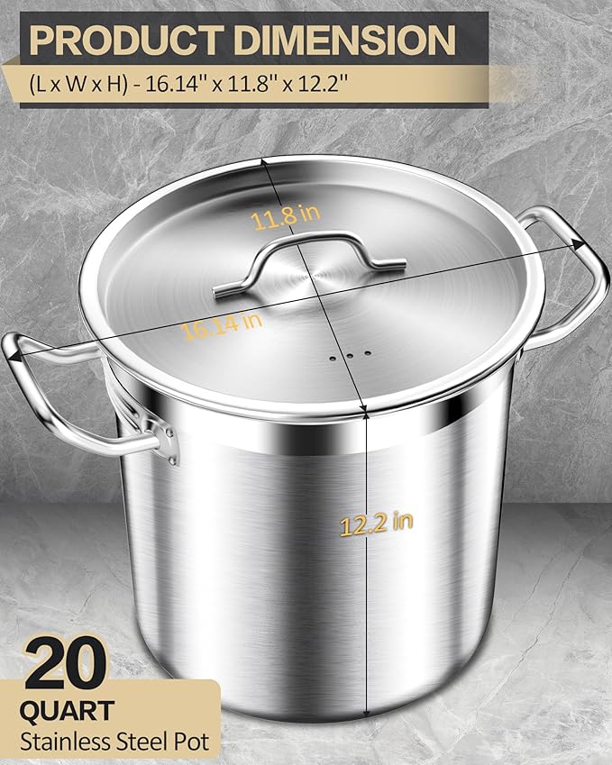 20 Quart Soup Pot with Lid – Stainless Steel Stock Pot, Heavy Duty Cooking Pot for Soup, Pasta, Stew – Induction & Oven Safe, Commercial & Home Use
