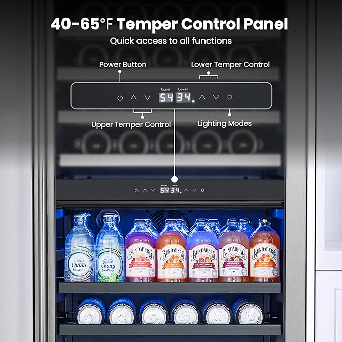 Yeego 24 Inch Wine Fridge – Wine and Beverage Cooler 34°F-65°F, 304 Stainless Steel Glass Door Lock, Temp Memory Blue & White LED Built-in Fridge with Adjustable Shelves (182 Can+77 Bottle)