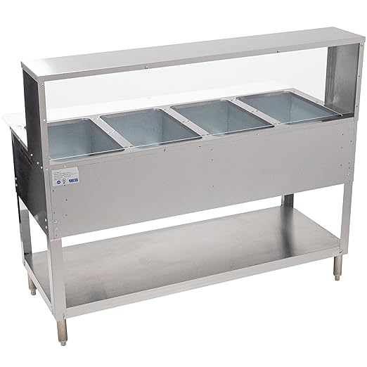 Kratos Commercial Electric Steam Table/Hot Food Table with Overshelf and Sneeze Guard, 4 Wells, Stainless Steel, Stationary, NSF, 120V (28W-193)