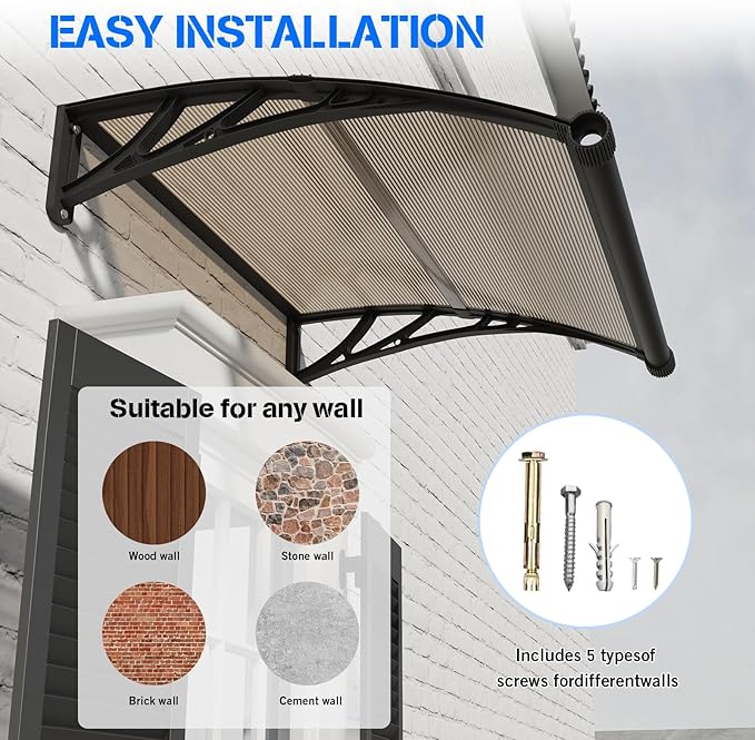 Awning for Door Entrance with Drainage Sink,32x60 Inch Awnings for Doors,Window Canopy Exterior with Plastic Steel Bracket,Polycarbonate Cover,UV,Rain,Snow Protection for House,Porch,Patio,Deck