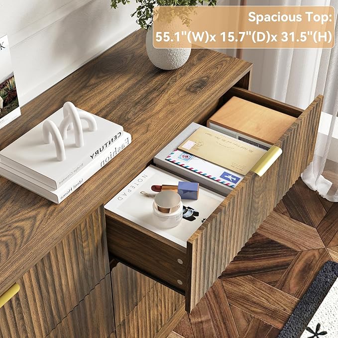 6 Drawers Fluted Dresser for Bedroom, 55" Wide Wooden Dresser with Deep Drawers, Large Floor Chest of Drawers, Modern Long TV Stand, Storage Cabinet Side Table, Walnut