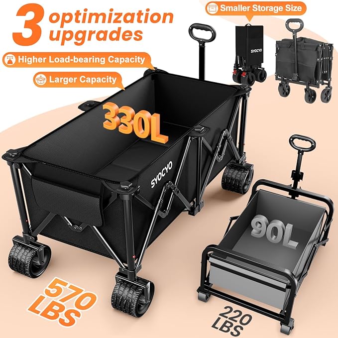 Collapsible Wagon Carts Foldable 570LBS Beach Wagon with Big All-Terrain Wheels Weight Capacity Heavy Duty Utility Carts with Cup Holders for Garden, Camping, Grocery, Sports Black