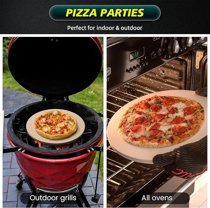 13 Inch Cordierite Pizza Stone 4-Piece Set for Oven & Grill - Round Baking Stone with Wooden Peel, Roller Cutter & Mini Cake Shovel