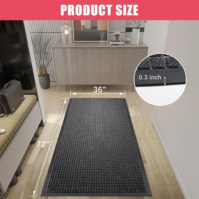Kuyal Front Door Mat, 3'*6' Door Mat for Inside Outside Entrance,Waterproof Welcome Mats with Non-Slip Backing, Indoor Outdoor Entryway, Commercial Floor Mats, Durable & Easy to Clean, Dark Gray