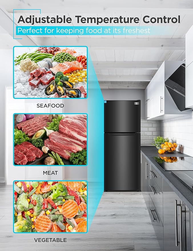 BLACK+DECKER 12.1 Cu. Ft. Top Mount Refrigerator with Freezer, 2 Door Refrigerator with Top Freezer and Adjustable Temperature Control, For Homes and Apartments, ENERGY STAR, BR1210HB, Black