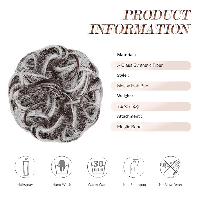 FESHFEN Large Messy Bun Hair Piece - Wavy Synthetic Chignon Scrunchies Elastic Ponytail Hair Extensions Thick Hairpieces for Women, Brown Gray Mix 1.94oz