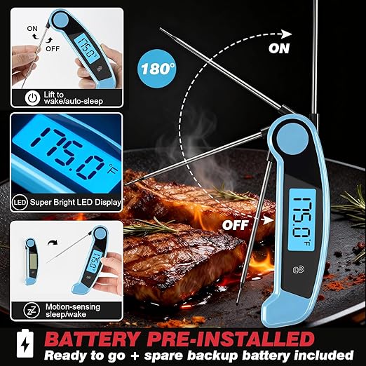 Meat Thermometer Digital Waterproof Instant Read Thermometer for Cooking Food Thermometer with Backlight & ±0.5℃ Precision Cooking Thermometer for Kitchen ℃/℉ Convertible Blue