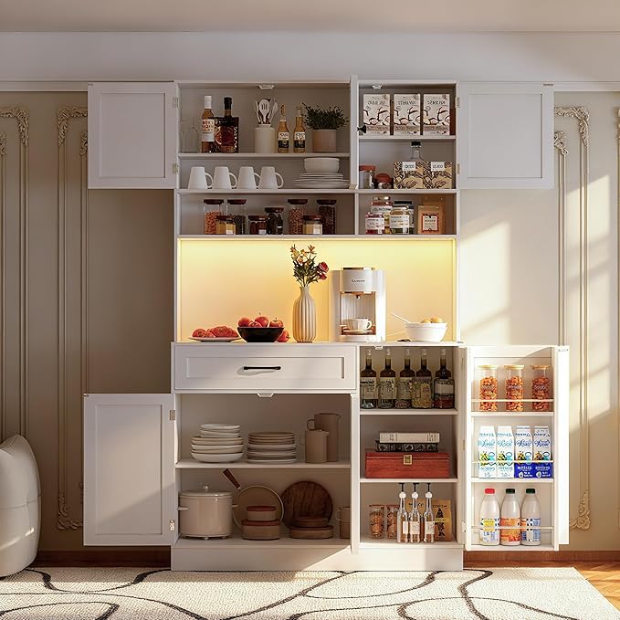 72" Kitchen Pantry Cabinet with LED Light and Charging Station Tall Pantry Storage Cabinet with Adjustable Shelves and Door Shelves Modern Kitchen Hutch with Microwave Stand and Countertop