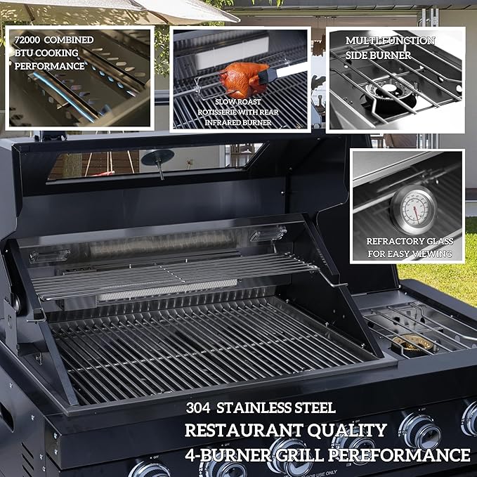 104 Inches 4-Burner 85,000 BTU Deluxe Stainless Steel Propane Gas Grill Outdoor Kitchen Island,Sink,Storage Cabinet and Beverage Refrigerator Storage&Drawers for Patio Backyard Cooking,Silver