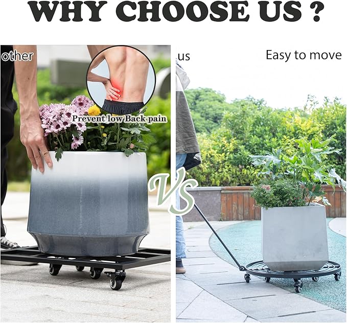 22 Inch Plant Rollers with Wheels - Heavy Duty Steel Round Dolly for Easy Indoor/Outdoor Movement, Removable Handle & 360° Swivel Wheels, Perfect for Large Pots, Planters & Trees
