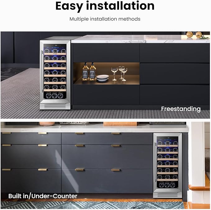 Yeego Wine Fridge – 15 Inch 33 Bottle Wine Cooler Refrigerator with Glass Door, 40-65℉ Built-In or Freestanding, Adjustable Shelves Wine Fridge Ideal for Home Bar & Kitchen