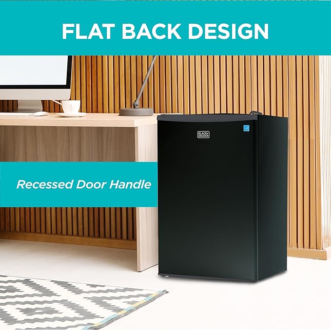 BLACK+DECKER 4.3 Cu. Ft. Compact Refrigerator, ENERGY STAR Certified Small Refrigerator, Single Door Mini Fridge with Chiller Compartment, Personal Fridge for Home or Dorm Room, BCRK43B, Black
