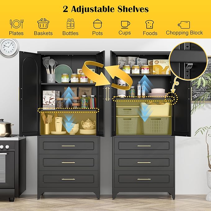 Metal Kitchen Pantry Storage Cabinet with 3 Drawers，75 Inch Black Food Pantry Cabinets for Kitchen Storage with 2 Adjustable Shelves,Tall Storage Cupboard for Living Room,Dining Room Office