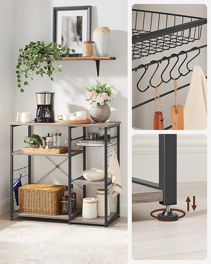 VASAGLE ALINRU Kitchen Baker’s Rack, Coffee Bar, Microwave Oven Stand, with Steel Frame, Wire Basket, 6 Hooks, for Mini Oven, Spices Utensils, Industrial, Heather Greige and Ink Black UKKS090B02