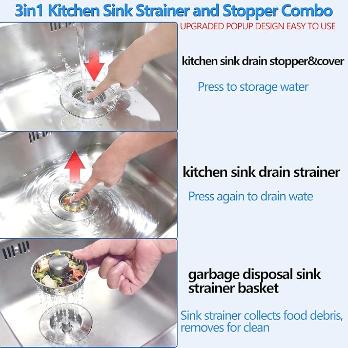 3-in-1 Kitchen Sink Drain Strainer Stopper, Upgraded Stainless Steel Sink Plug with Anti-Clog Filter Basket, Fits Standard 3-1/2 Inch Drain Hole, Pop Up Garbage Disposal Cover Food Catcher