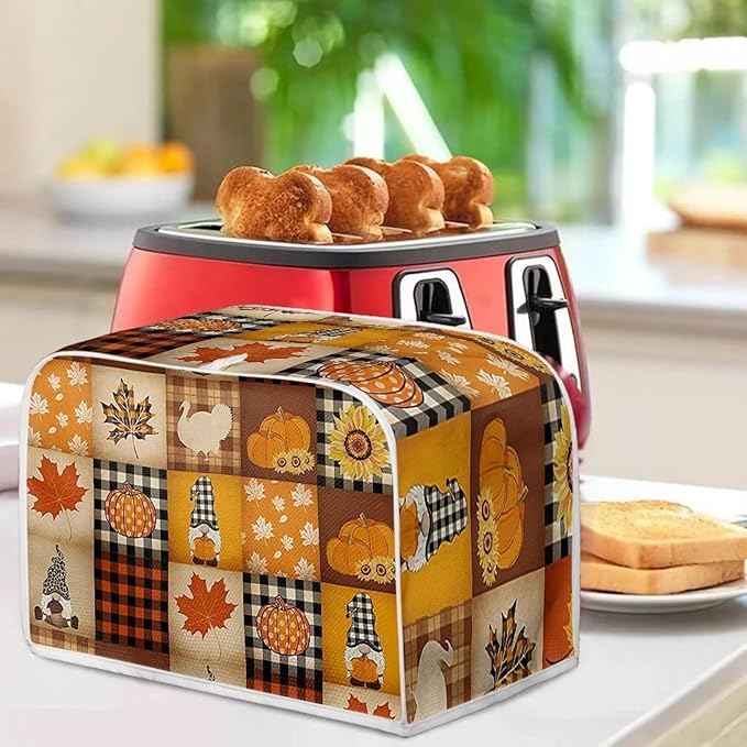 UNICEU Autumn Pumkins Maple Leaves Toaster Covers 4 Slice Bread Maker Dust Cover, Fall Harvest Kitchen Small Appliance Dust Protector Cover, Thankgiving Day Gifts
