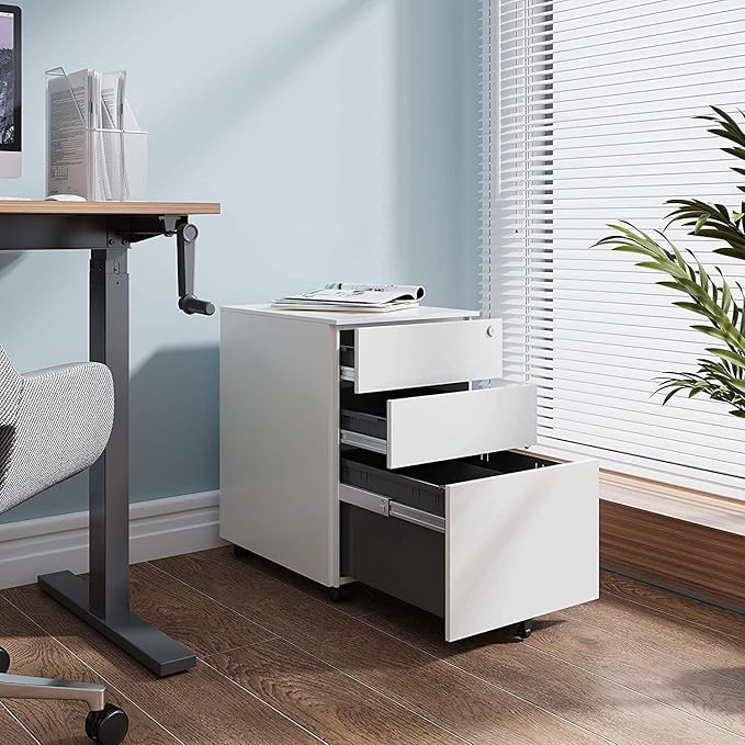DEVAISE 3 Drawer Rolling File Cabinet, Locking Filing Cabinet for Home Office, Fully Assembled Under Desk Cabinet, White