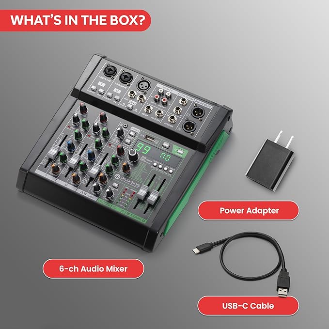 Pyle 6-Channel Audio Mixer, Bluetooth Studio Mixer/DJ Controller with Digital Effects, USB Interface, MP3 Compatible, XLR Inputs and LED Display, Audio Mixing Sound board System 10”x11”x3” inches