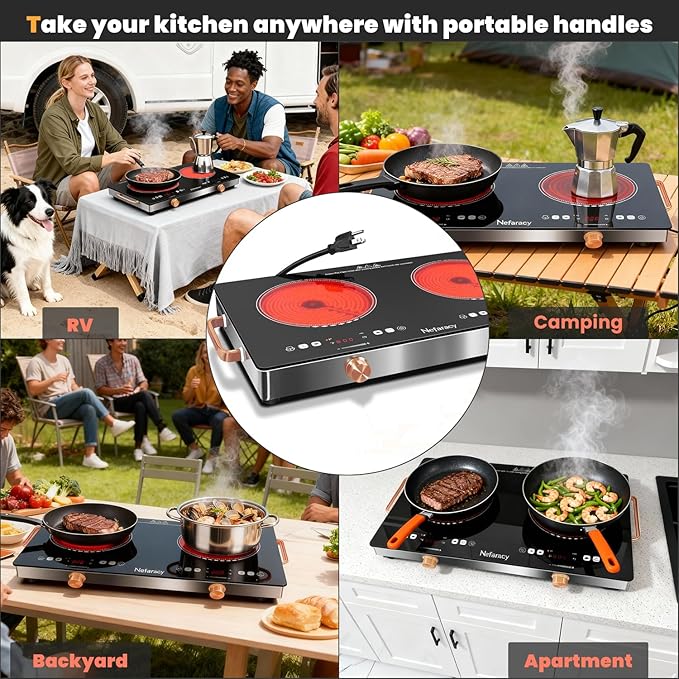 2 Burner Electric Cooktop 24 inch, 110-120V Plug in 2000W Ceramic Cooktop, Portable Electrics Stove with Handles,Touch & Knob Control, Safety Lock, 9 Heating Levels, 240Mins Timer, Overheat Protection