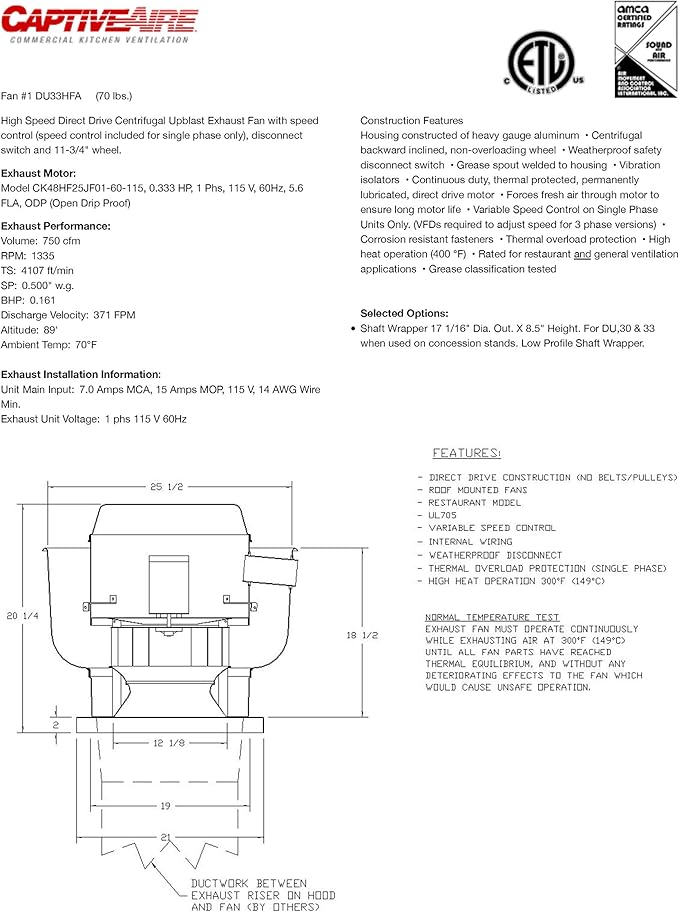 Food Truck Low Profile Exhaust Hood System Includes a stainless steel exhaust hood, an exhaust fan, an adjustable duct section, and installation hardware (5' Long Hood & Fan)
