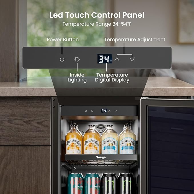 Yeego 15 Inch Beverage Refrigerator, 100-Can Beverage Cooler with Lock & Auto Defrost, Stainless Steel Indoor & Covered Outdoor Beverage Fridge, Freestanding or Under Counter for Beer, Soda & Wine
