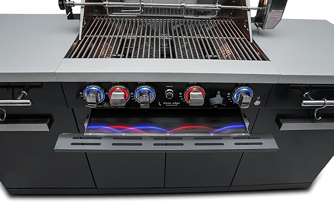 Mont Alpi Premium 70"W x 24"D Black Stainless Steel Compact Outdoor Kitchen Island with Access Doors + 32"W 4-Burner BBQ Grill with Infrared Rear Burner + Storage Cabinets + White Granite Countertops