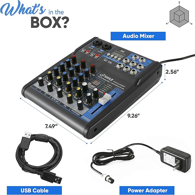 Pyle Professional 4 Channel Audio Mixer with Bluetooth - DJ Sound Board - USB Computer Input - Built-in MP3 Player - 48V Phantom Power - 3 Band EQ - 16-Bit DSP FX - Band, Studio Ready - PMXU43BT