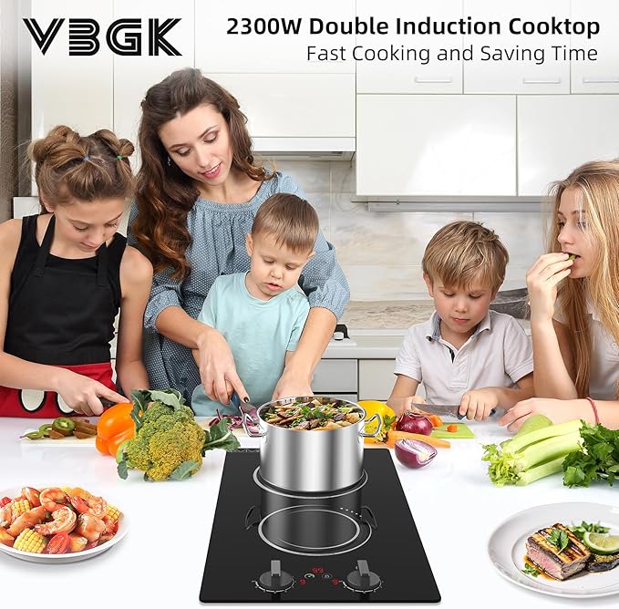 VBGK Double Induction Cooktop,110V 2300W 2 burner induction cooktop,2 burner Hot Plate Electric burner with LCD Touch Screen 9 Levels Settings Child Safety Lock & Timer