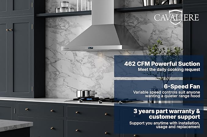 CAVALIERE Wall Mount Range Hood 30 Inch, 3-Year Warranty, Value-Focused 462 CFM Enhanced Stainless Steel, Ducted/Ductless Range Hood Convertible (Kit Included) LED Lights, Baffle Filter, Touch Control