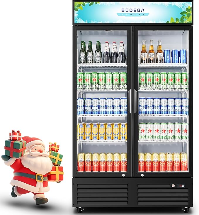 BODEGACOOLER Commercial Merchandiser Refrigerator,2 Glass Door Commercial Beverage Refrigerator, Beverage Display Cooler with Soft LED Light, Adjustable Shelves and 4 Strong Castors, 35.4 Cu. Ft,Black