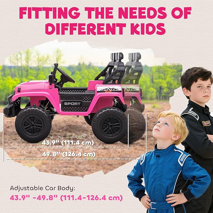 Qaba 24V 2-Seater Kids Ride on Truck Car, 44-50" L Adjustable 4WD Electric Car, 5 MPH Max Speed, Remote Control, Spring Suspension, Storage and LED Lights for Kids Ages 37-95 Months, Pink