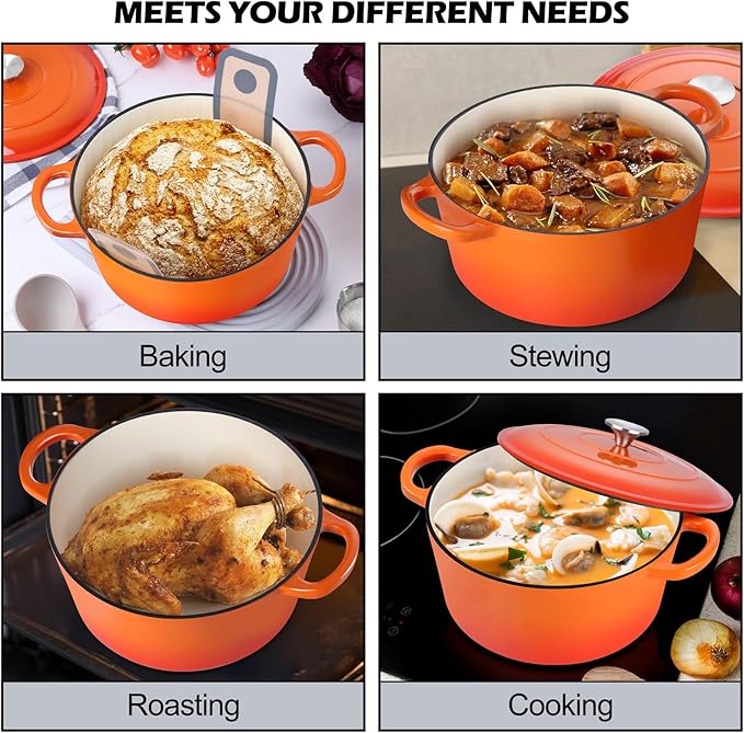 TeamFar Enameled Cast Iron Dutch Oven, 6QT Nonstick Dutch Oven Pot with Lid & Dual Handles for Bread Baking Braising Simmer Roasting, Non Toxic & Heavy Duty, Multi Stoves & Oven Safe - Orange