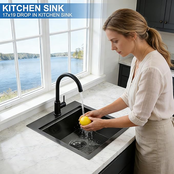 Scamall 17x19x9 Drop In Kitchen Sink Workstation, Nano Black 304 Stainless Steel Deep Single Bowl with Quick Drainage & Tarnish-Free Surface for Bar, Laundry, RV, Includes Accessories