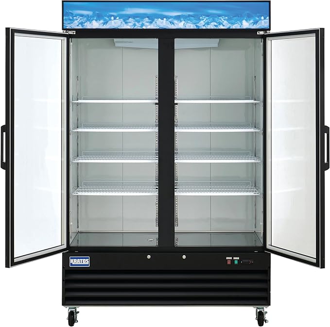Kratos Commercial Two Door Merchandising Refrigerator, Two Swing Door Mobile Black Display Refrigerator for Shops and C Stores, 53" Wide, LED Lighting, 115V (67K-206)