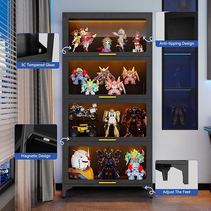 65" Tall Display Cabinet with Glass Doors,Metel Curio Cabinet with RGB LED Lights,4 Tier Glass Display Case for Scale Figures, Collectibles,Books(Black)