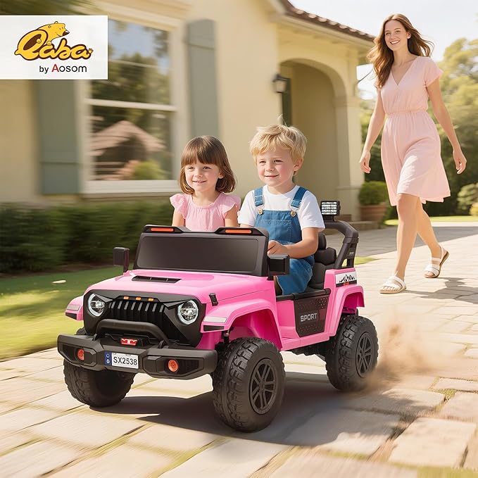 Qaba 24V 2-Seater Kids Ride on Truck Car, 44-50" L Adjustable 4WD Electric Car, 5 MPH Max Speed, Remote Control, Spring Suspension, Storage and LED Lights for Kids Ages 37-95 Months, Pink